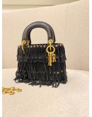 CHRISTIAN DIOR MINI LADY DIOR LIMITED AND SPECIAL EDITION BLACK LEATHER FRINGE WITH PATTERN STUDS BAG WITH CHAIN STRAP