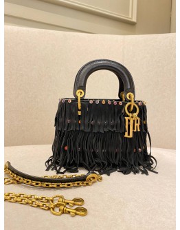 CHRISTIAN DIOR MINI LADY DIOR LIMITED AND SPECIAL EDITION BLACK LEATHER FRINGE WITH PATTERN STUDS BAG WITH CHAIN STRAP