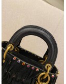 CHRISTIAN DIOR MINI LADY DIOR LIMITED AND SPECIAL EDITION BLACK LEATHER FRINGE WITH PATTERN STUDS BAG WITH CHAIN STRAP