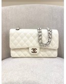 CHANEL MEDIUM DOUBLE FLAP WHITE CAVIAR LEATHER SILVER CHAIN SHOULDER BAG