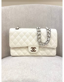 CHANEL MEDIUM DOUBLE FLAP WHITE CAVIAR LEATHER SILVER CHAIN SHOULDER BAG