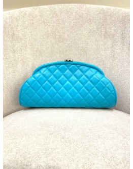 CHANEL LIGHT GREEN BLUE LAMBSKIN LEATHER TIMELESS CLUTCH IN SHW