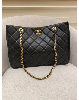 (LIKE NEW) 2021 CHANEL BLACK CAVIAR LEATHER CLASSIC CLASP TOTE SHOULDER BAG WITH GOLD HARDWARE 