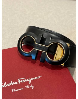 (LIKE NEW) SALVATORE FERRAGAMO REVERSIBLE BLACK LEATHER BELT SIZE 110 -FULL SET-