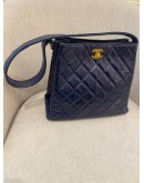 CHANEL VINTAGE DOUBLE SIDE DARK BLUE QUILTED LAMBSKIN LEATHER TOTE SHOULDER BAG