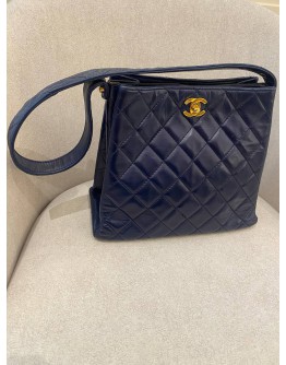 CHANEL VINTAGE DOUBLE SIDE DARK BLUE QUILTED LAMBSKIN LEATHER TOTE SHOULDER BAG