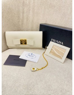 (BRAND NEW) PRADA WHITE SAFFIANO LEATHER FIOCCO BOW LONG WALLET -FULL SET-