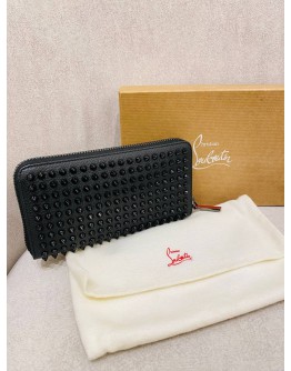 (BRAND NEW) CHRISTIAN LOUBOUTIN BLACK LEATHER PANETTON SPIKE ZIPPY LONG WALLET -FULL SET-