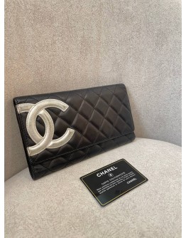 CHANEL CARBON LIGNE BLACK LAMBSKIN LEATHER FLAP LONG WALLET 