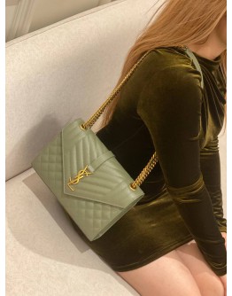 (UNUSED) YSL SAINT LAURENT ENVELOPE MEDIUM CHAIN BAG IN GREEN WITH GOLD HARDWARE -FULL SET-