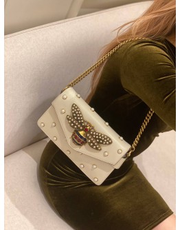 GUCCI NAPPA PEARL STUDDED QUEEN MARGARET BROADWAY BEE SHOULDER BAG IN OFF WHITE LEATHER 