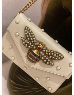 GUCCI NAPPA PEARL STUDDED QUEEN MARGARET BROADWAY BEE SHOULDER BAG IN OFF WHITE LEATHER 