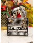 (UNUSED) CHRISTIAN DIOR MINI LADY DIOR D-LITE HANDLE HANDBAG HOUNDSTOOTH BLACK & WHITE CLOTH CANVAS -FULL SET-