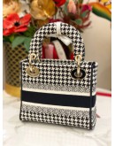 (UNUSED) CHRISTIAN DIOR MINI LADY DIOR D-LITE HANDLE HANDBAG HOUNDSTOOTH BLACK & WHITE CLOTH CANVAS -FULL SET-