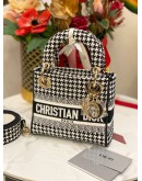 (UNUSED) CHRISTIAN DIOR MINI LADY DIOR D-LITE HANDLE HANDBAG HOUNDSTOOTH BLACK & WHITE CLOTH CANVAS -FULL SET-