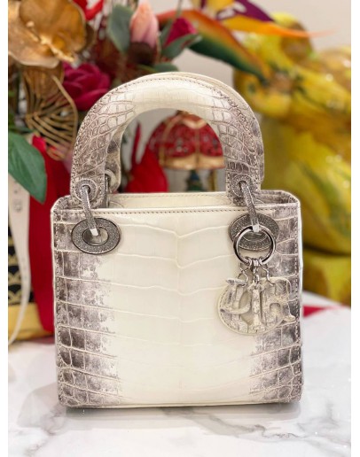 (LIKE NEW) CHRISTIAN DIOR MINI CROCODILE LEATHER LADY DIOR LIMITED EDITION HANDLE BAG DIAMOND WITH SILVER HARDWARE 