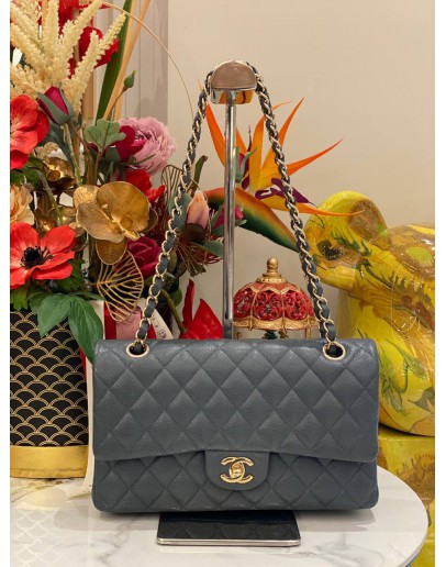 2019 CHANEL DARK GREY CAVIAR LEATHER CLASSIC MEDIUM DOUBLE FLAP GOLD CHAIN BAG