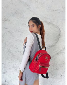 MCM STARK RED VISETOS CANVAS AND LEATHER MINI BACKPACK WITH STUDDED