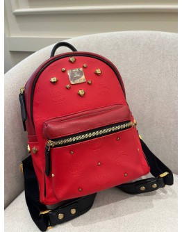 MCM STARK RED VISETOS CANVAS AND LEATHER MINI BACKPACK WITH STUDDED