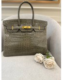 HERMES BIRKIN 35 LIMITED EDITION SHINY GRIS TOURTERELLE POROSUS CROCODILE WITH GOLD HARDWARE YEAR 2016 -FULL SET-