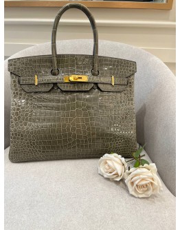 HERMES BIRKIN 35 LIMITED EDITION SHINY GRIS TOURTERELLE POROSUS CROCODILE WITH GOLD HARDWARE YEAR 2016 -FULL SET-