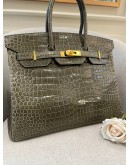 HERMES BIRKIN 35 LIMITED EDITION SHINY GRIS TOURTERELLE POROSUS CROCODILE WITH GOLD HARDWARE YEAR 2016 -FULL SET-