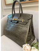 HERMES BIRKIN 35 LIMITED EDITION SHINY GRIS TOURTERELLE POROSUS CROCODILE WITH GOLD HARDWARE YEAR 2016 -FULL SET-