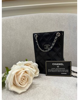 CHANEL CC CARD AND PHONE HOLDER CROSSBODY IN BLACK CALFSKIN LEATHER