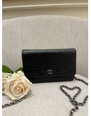 CHANEL BLACK CAMELLIA EMBOSSED LAMBSKIN LEATHER WALLET ON CHAIN WOC -FULL SET-