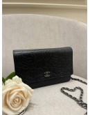 CHANEL BLACK CAMELLIA EMBOSSED LAMBSKIN LEATHER WALLET ON CHAIN WOC -FULL SET-