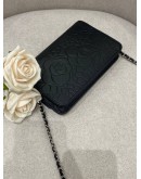 CHANEL BLACK CAMELLIA EMBOSSED LAMBSKIN LEATHER WALLET ON CHAIN WOC -FULL SET-