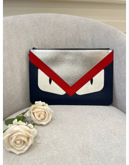 FENDI MONSTER EYES BUGS ZIPPED CLUTCH IN SILVER / RED/ BLUE COLOR -FULL SET-