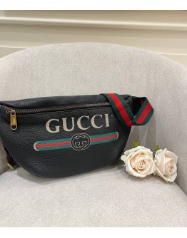 GUCCI PRINTE SMALL BLACK LEATHER BUM BAG FANNY PACK 