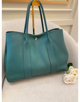 HERMES GARDEN PARTY 36 SHOULDER BAG IN TOILE NEGONDA MALACHITE COLOR TOGO LEATHER PALLADIUM HARDWARE STAMP C