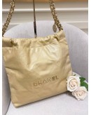 (BRAND NEW) 2023 MICROCHIP CHANEL 22 SMALL LIGHT GOLD METALLIC CALFSKIN LEATHER TOTE SHOULDER CHAIN BAG -FULL SET-