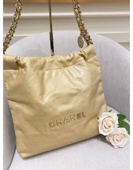 (BRAND NEW) 2023 MICROCHIP CHANEL 22 SMALL LIGHT GOLD METALLIC CALFSKIN LEATHER TOTE SHOULDER CHAIN BAG -FULL SET-