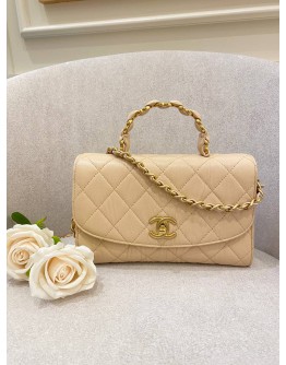 CHANEL BEIGE CRUMPLED LAMBSKIN MINI FLAP BAG WITH TOP HANDLE