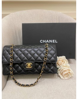 (BRAND NEW) 2022 MICROCHIP CHANEL CLASSIC MEDIUM DOUBLE FLAP GOLD CHAIN BAG IN BLACK CAVIAR LEATHER FULL SET