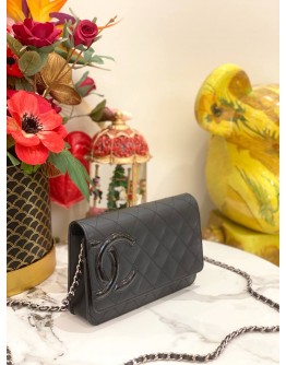(LIKE NEW) CHANEL CAMBON LINE WALLET ON CHAIN IN LAMBSKIN BLACK LEATHER -FULL SET-
