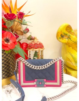 CHANEL FLUO BOY FLAP SMALL IN CANVAS QUILTED NAVY FUCHSIA GREY