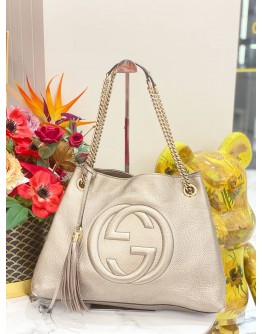 GUCCI GG SOHO PEBBLED LEATHER METALLIC SHOULDER BAG