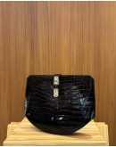  HERMES LIMITED DOUBLE DOT STAMP SYMBOL (CROCODILE NILOTICUS LEATHER) BATON DE CRAIE HUNTER BLACK CLUTCH STAMP A -FULL SET-