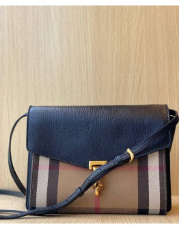 BURBERRY DERBY CALFSKIN LEATHER HOISE CHECK CANVAS MACKEN CROSSBODY BAG