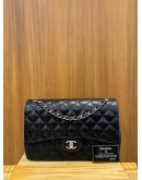 CHANEL CLASSIC JUMBO BLACK LAMBSKIN LEATHER DOUBLE FLAP BAG SILVER HARDWARE YEAR 2014 -FULL SET-