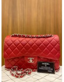 CHANEL JUMBO CLASSIC DOUBLE FLAP RED CAVIAR LEATHER SILVER HARDWARE CHAIN BAG -FULL SET-