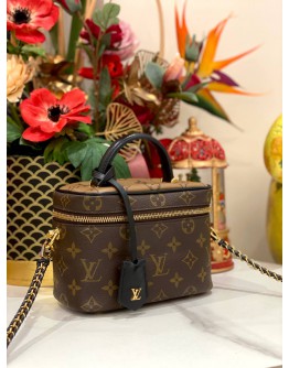(LIKE NEW) 2023 MICROCHIP LOUIS VUITTON VANITY PM MONOGRAM REVERSE CANVAS WITH LONG STRAP -FULL SET-