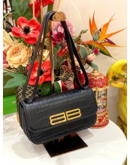 BALENCIAGA BLACK CROC EMBOSSED LEATHER SMALL GOSSIP SHOULDER BAG