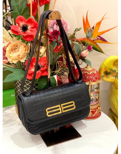 BALENCIAGA BLACK CROC EMBOSSED LEATHER SMALL GOSSIP SHOULDER BAG