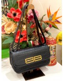 BALENCIAGA BLACK CROC EMBOSSED LEATHER SMALL GOSSIP SHOULDER BAG