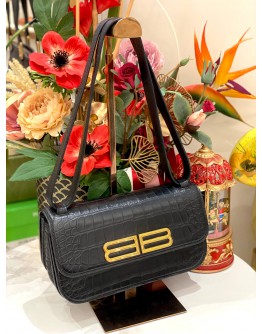BALENCIAGA BLACK CROC EMBOSSED LEATHER SMALL GOSSIP SHOULDER BAG